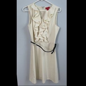 Off white midi dress with ruffles & black belt